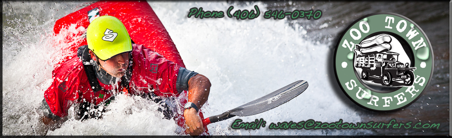 Whitewater Kayaking 5 A kayaker paddles through whitewater rapids in the Header Slider. The Zoo Town Surfers logo and contact information are displayed on the right.