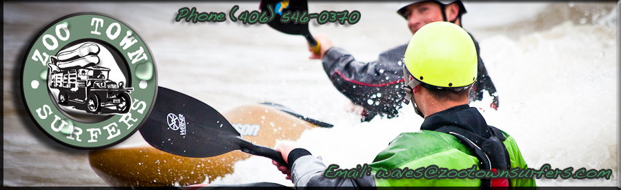 Whitewater Kayaking 8 Two people in helmets and life jackets kayaking in whitewater rapids, with the Zoo Town Surfers logo and contact information overlaid for a dynamic Header Slider.