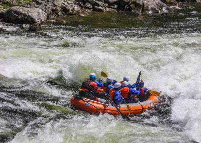 A group of rafters paddles through powerful whitewater rapids on the Lochsa River.