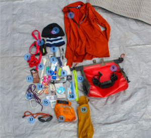 A collection of essential river gear is laid out including dry bags, safety equipment, warm layers, and river essentials.