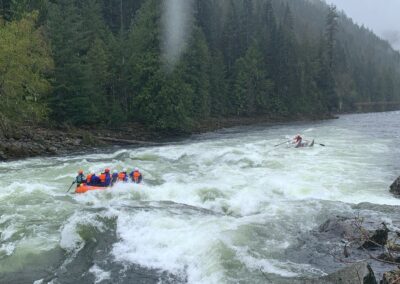 Lochsa River rafting adventure in misty fog and navigating whitewater.